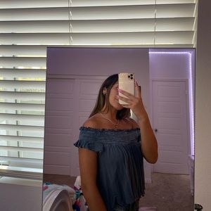 LA hearts navy off the shoulder ruffled shirt